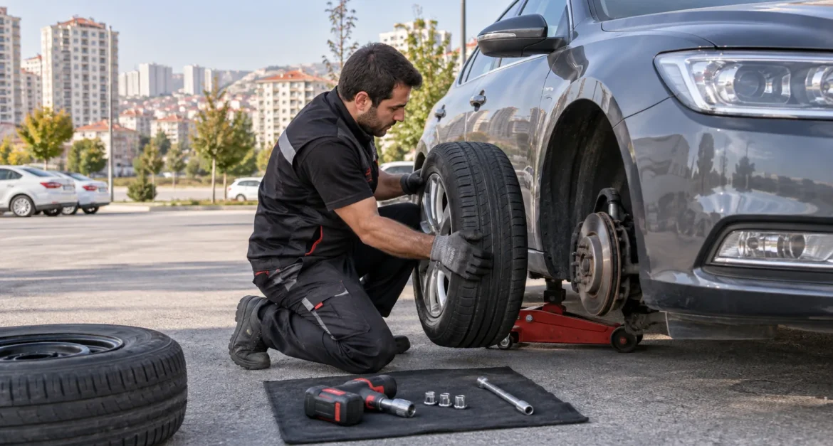 Güvenli park alanında yerinde lastik değişimini anlatan temsili görsel