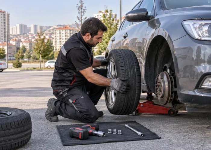 Yenikent yerinde lastik değişimi görseli Güvenli park alanında yerinde lastik değişimini anlatan temsili görsel
