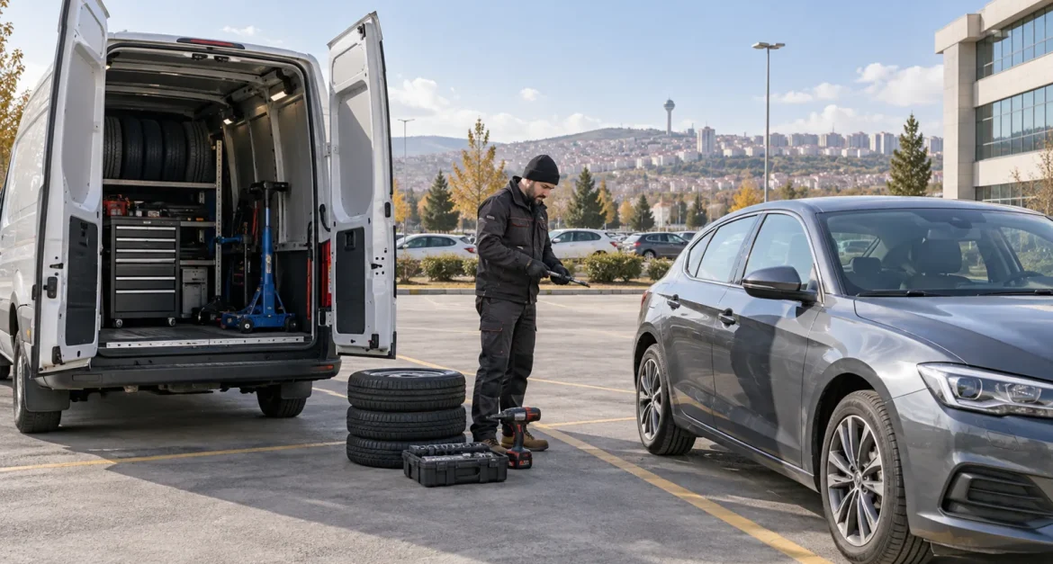 İş yeri otoparkında mobil lastik müdahalesini anlatan temsili görsel