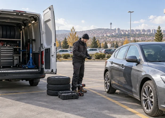 Ankara mobil lastik iş yeri görseli İş yeri otoparkında mobil lastik müdahalesini anlatan temsili görsel
