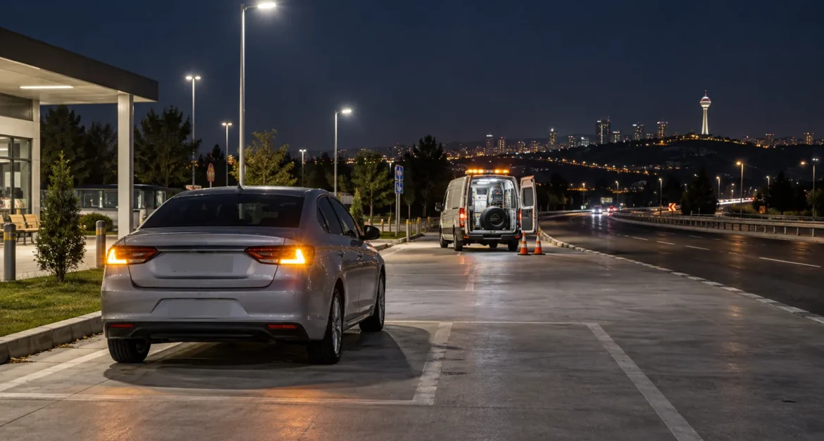 Gece güvenli park alanında mobil lastik desteğini anlatan temsili görsel