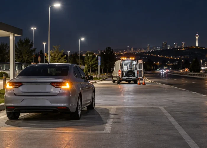 Yenikent gece lastik arızası görseli Gece güvenli park alanında mobil lastik desteğini anlatan temsili görsel
